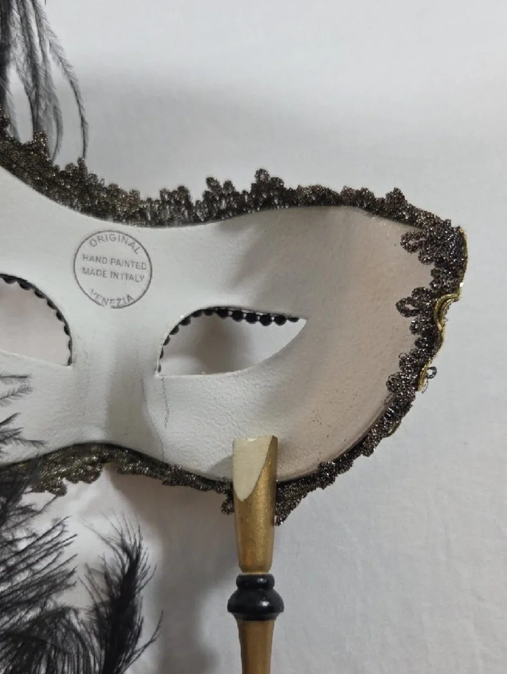 Gold Handheld Masquerade Leather Mask Black White Feathers Italy Handpainted